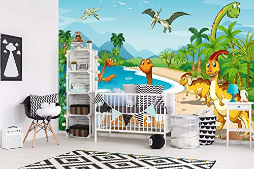 Vlies Fototapete DINOSAURIER AM STRAND 375 x 250 cm (inkl. Kleister) - Vlies Tapete, Wandtapete, Wandbilder - Tapete für Wohnzimmer Schlafzimmer, Büro, Küche - Montagefertig