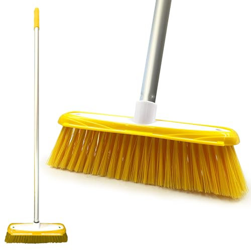 Colour-Coded Soft Broom Indoor Sweeping with Stainless Steel Handle Built-In Scraper, Long for Domestic Commercial Use (Yellow)