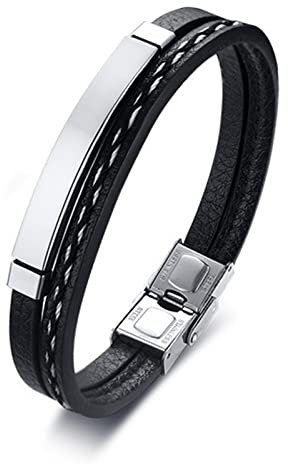 Bishilin Lederarmband Herren mit Gravur, Armbänder Edelstahl Schild Partnerarmband Leder Armband 18CM Silber Gold Schwarz Charms