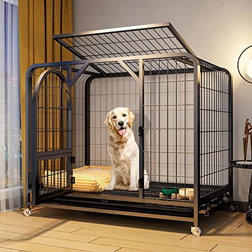 RNQZ Kleine große Hundebox, Hundelaufstall, extra großer Hundekäfig aus Edelstahl, abschließbare Tür und Räder, abnehmbares Tablett für große Haustiere,Schwarz,110X72X95CM