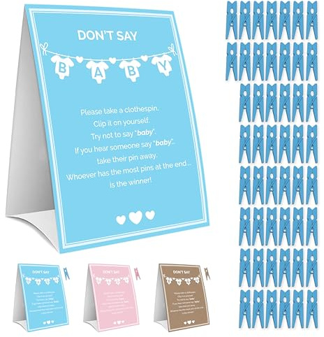 Party Hearty Baby Shower Games for Boy, Don't Say Baby Game,1 Sign and 50 Mini Blue Clothespins, Shower Game Ideas