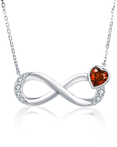 Qings Infinity Birthstone January Necklace for Women Girls Heart Garnet Cubic Zirconia Pendant Necklaces 925 Sterling Silver Birthday Valentine's Day Mother's Day Christmas Jewellery Gifts for Mom