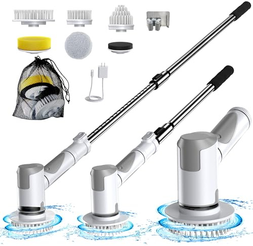 Electric Spin Scrubber, Scrub Brush Dual Speed, Power Shower Scrubber with 6 Replacement Head, Cordless Cleaning Brush with Extension Handle for Bathtub Grout Tile Floor, White