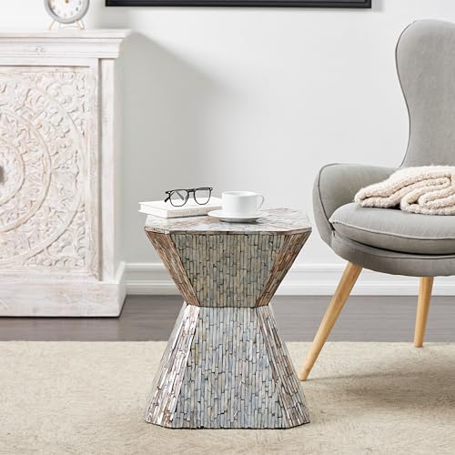 Gray Mother of Pearl Hourglass Geometric Accent Table with Linear Mosaic Pattern Grey Modern Contemporary MDF