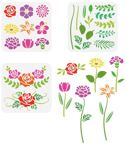 FINGERINSPIRE 3 stencil per pittura con fiori combinati, 20 x 20 cm, temi di piante in PET con spruzzatura riutilizzabile, ibisco, rosa, dalia, margherita, giglio, tulipano, garofano, modello stencil