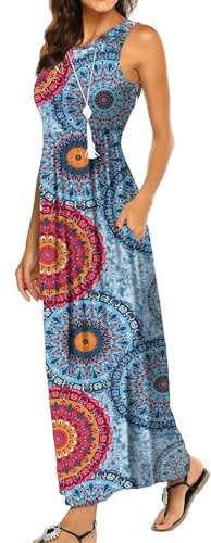 BDTECAOR Maxikleid für Frauen Sommer Strand Boho Maxi Blumenkleid Blumenmix Blau L