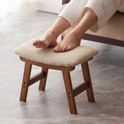 Kitsanery Foot Stool,Ottoman,Bamboo Small Sofa Foot Rest Under Desk,Extra Seating for Living Room, Bedroom and Kitchen(Brown Stool Legs - Beige Surface)