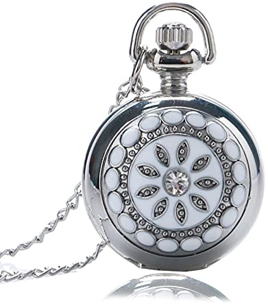 Montre de Poche rétro, Argent Blanc céramique Fleur Cristal Quartz Montre de Poche Collier Pendentif Femmes Dame-par défaut