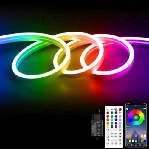 ShineBurky 12V Flexible RGB Neon LED Strip 5M, mit App/Fernbedienung | Farbwechsel, IP65 Wasserdicht, Timer, Musik Sync für Schlafzimmer Spielzimmer Partys Innenhof (mit Netzteil)