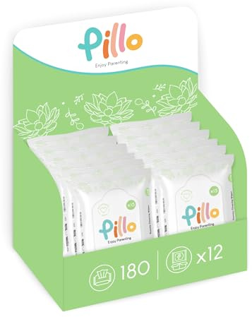 Pillo - Toallitas para Chupete - 180 Toallitas Húmedas para Bebe y Niños – 12 Paquetes de 15 Toallitas para Bebés – 99,6% de Ingredientes Vegetales con Aloe Vera