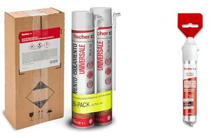 Fischer 2x 750ml Bi-Pack Schiuma Poliuretanica Espansa Isolante in Imballo Protettivo & Stucco Veloce con Spatola Integrata per Coprire Fori e Crepe nel Muro, Bianco, 70 ml, 552152