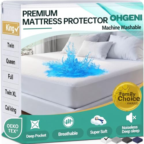 OhGeni Waterproof Mattress Protector, King Size Mattress Pad Fitted with Deep Pocket 6''-18'', Breathable Noiseless & Soft, Washable Dirt-Proof Mattress Cover for Home, Bedroom, White, Daybed Cover