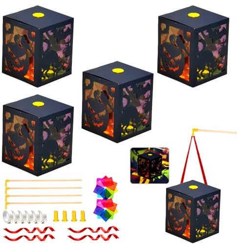 HEYIDAMAI 4 Stück Laternen Bastelset Halloween, Halloween Laterne Kinder, Laterne Selbst Basteln, Saint Martin Laterne mit LED und mit Buntglas Effekt, für Halloween Sankt Martin Laternenumzug.