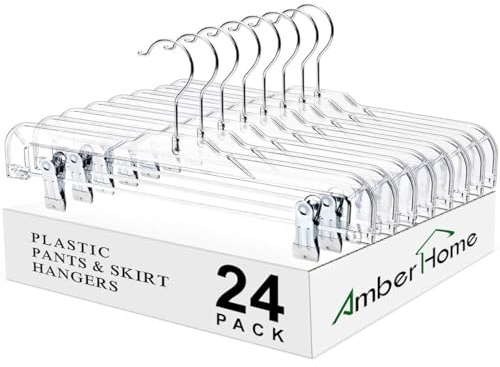 Amber Home 24 Pack Clear Plastic Pants Hangers, Skirt Hangers with 2 Adjustable Clips for Jeans, Slacks & Shorts, Crystal Clear Clothes Hangers with 360° Swivel Hook