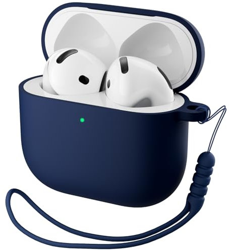 ORNARTO Funda para Airpods 4.ª Generación,Silicona Case Compatible con AirPods 4 (2024) (USB-C),Protectora de Cuerpo Completo con Cordón y LED Frontal Visible,Azul Oscuro