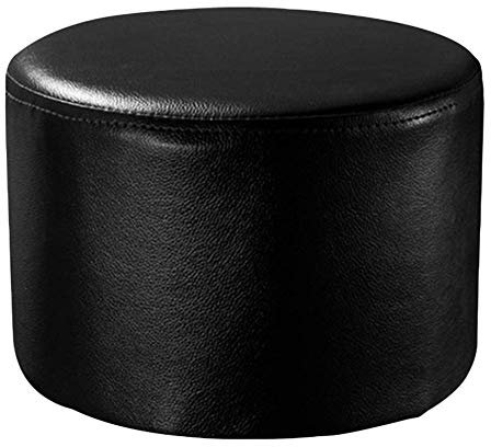 Runder Leder-Pouf, Ottomane, Fußhocker, Massivholz, Wohnzimmer, Couchtisch, kleine Bank, Schwarz, 27,9 x 27,9 x 17,8 cm
