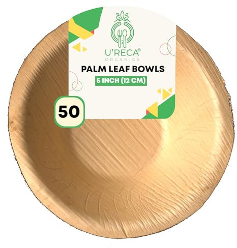 U'reca Organics Eco-Friendly Areca Palm Leaf Round Bowls | 5 - Pack of 50 | Great for Catering, Takeaways & Home Use | Sturdy, Sustainable, Tree-Free