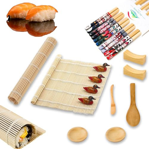 MOAZIFI Sushi Set 14-Teilig: 3 Matten, Reisschaufel, 2 Essigteller, Messer, 5 Essstäbchen, 2 Halter - Bambus Maker für Anfänger, Zum Selber Machen für Zuhause