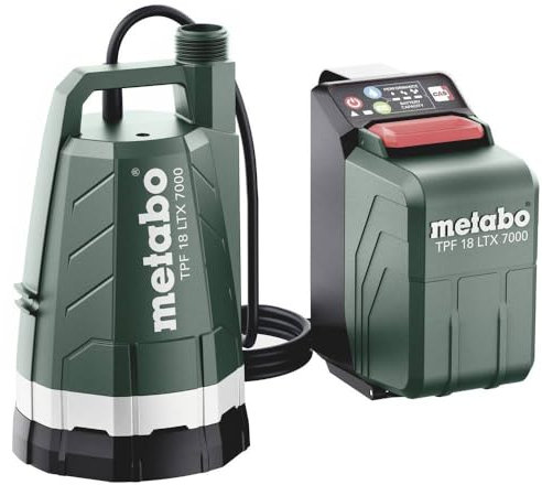 metabo Bomba sumergible con batería TPF 18 LTX 7000 – 18 V, CAS, máx. caudal 7000 l/h, altura de extracción 9 m, profundidad de inmersión 6 m, presión máxima 0,9 bar, compacta y potente para drenaje y