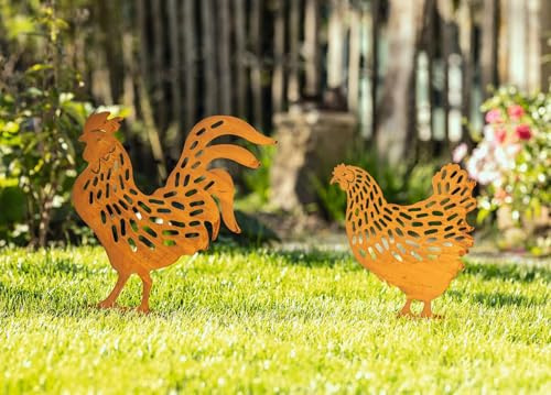 Dekoleidenschaft 2X Gartenstecker Huhn & Hahn aus Metall mit Echt Rost, 38 + 45 cm hoch, Rostdeko, Dekostecker, Metalldekoration, Gartendeko für Draußen