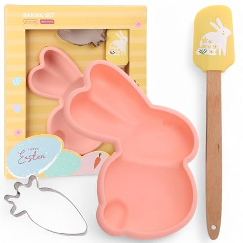 MIJOMA Juego de repostería de Pascua, molde de silicona con espátula de masa y cortador de galletas, apto para alimentos y antiadherente, accesorio perfecto para hornear ideas creativas (juego de