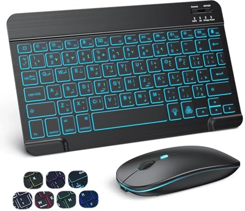 JQVDE Clavier Bluetooth rétroéclairé RVB (hébreu, Russe, Espagnol, Portugais, coréen) Compatible avec iOS, Android, Windows, iPad, Samsung, Tablette, Ordinateur Portable(Arabic Set)