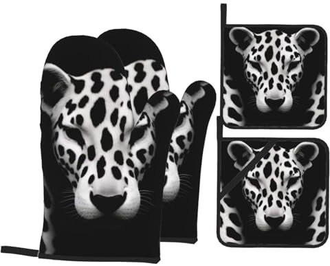 Ofenhandschuhe und Topflappen, Leopardenmuster, wasserdicht, hitzebeständig bis 260 °C, Mikrowellen-Handschuhe, Backhandschuhe, Grillhandschuhe, Kochhandschuhe, Schwarz und Weiß, 4 Stück