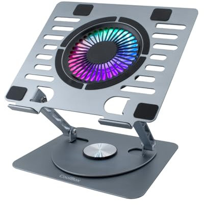 CoolBox CoolAir - Supporto portatile con ventola silenziosa RGB da 11 cm, base regolabile in altezza e rotazione a 360°, frigorifero portatile con velocità regolabile, tablet/laptop fino a 17,3
