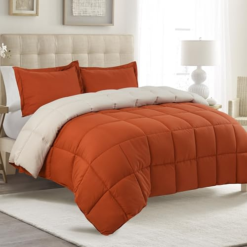 HIG 3 Pieces Terracotta Reversible Coverless Duvet King - 240 x 220cm - OEKO-TEX Certified - 10.5 Tog Duvet with Corner Tabs - Down Alternative Comforter with 2 Shams - Machine Washable