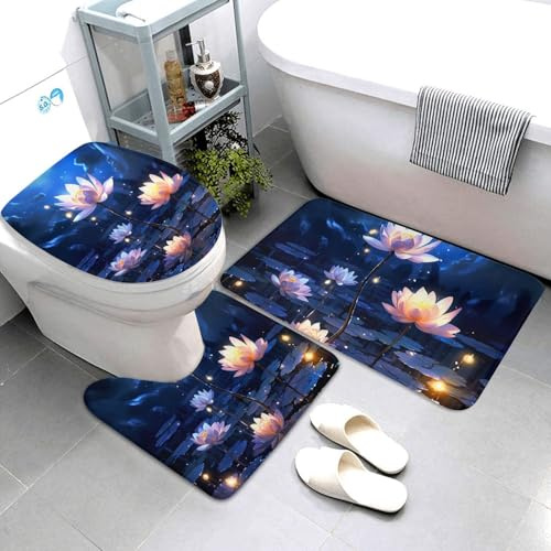 Set 3 Teilig Badvorleger Nachtblumen U-Förmigen Contour Matte Langlebige Anti-Rutsch Badgarnitur Badematten, Für Badewanne, Badezimmer, Wc-Sitz Bezug