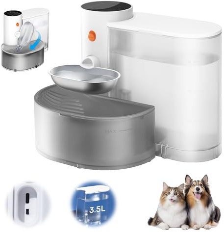 Auveach Fuente de Agua para Gatos Perros 3.5L, Inalámbrica con 3 Niveles de Tiempo Intervalo y Volumen Dispensador de Agua para Gatos Drenaje Automático, Sin Filtros (Acero Inoxidable 304)