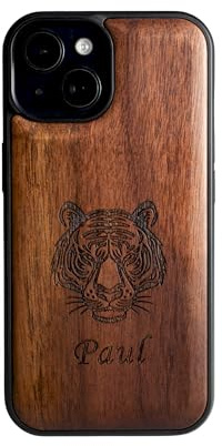 Coque gravée personnalisée pour iPhone - Coque en bois personnalisée pour iPhone 16, 15, 14, 13, 12, 11, XR, XS, X, Plus, Pro, Max, SE, Mini - Texte personnalisé, date, nom, initiales, monogramme