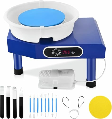 BWPURWDFH 9.8 Inch Electric Ceramic Pottery Wheel with Pedal, LCD Touch Screen and 12 Clay Sculpting Tools. Suitable for Adult Beginners with a Ball Stick and Clay Cutting Machine