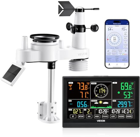 VEVOR Estación Meteorológica Wifi 7 en 1, con App, Pantalla VA de 190,5 mm, Sensor Solar Inalámbrico, Pluviómetro, Pronóstico del Tiempo, Velocidad del Viento, Temperatura, Humedad y Precipitación