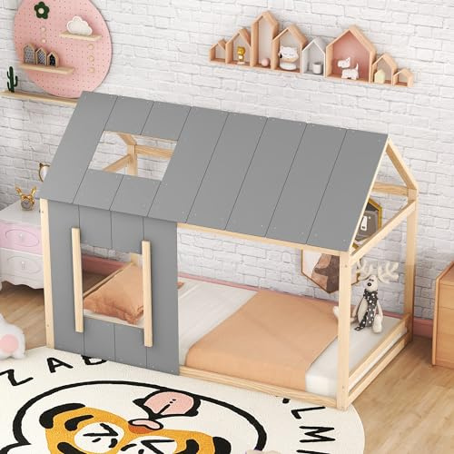 OKMYHOME Kinderbett 90 x 200 cm – Hüttenbett mit Dach und Fenster, Kiefernholz und MDF, ohne Matratze – Farbe Natur