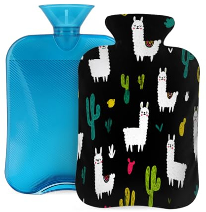 Wärmflasche mit Bezug, 2 l, Schwarz, Cartoon-Alpaka-Kaktus, Wärmflaschen für Erwachsene, Wärmer/Schmerzlinderung