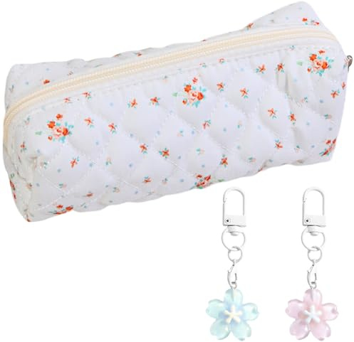 MEOAlBkey Pencil Case for Girls with 2 Keychains (Pink & Blue), Cute Pencil Case for School Floral Fabric Pen Holder Stationery Organizer for Students College Office Makeup Pouch Outdoor Storage