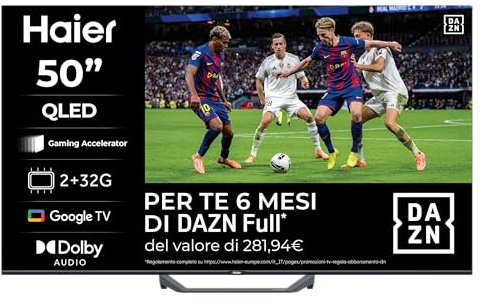 Haier Smart TV 50 QLED 4K Ultra HD S81 Series, Google TV, Dolby Audio, Gaming 120Hz DLG, HDMI 2.1, Chromecast Integrato, Bluetooth 5.1, Design Senza Bordi, Telecomando Vocale