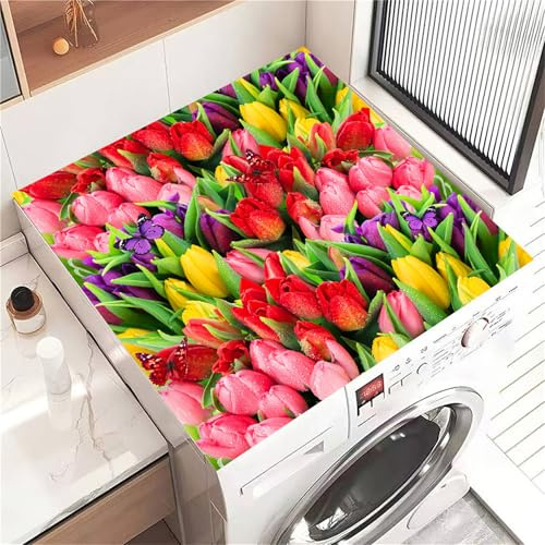 Highdi Housse de Protection pour Machine à Laver Top, Tulipes Pastorales Coussin de Machine à Laver Antidérapant, Tapis de Protection pour Dessus Sèche-Linge Séchage Rapide (Coloré,30x40cm)