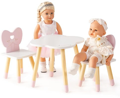 ROBUD Puppentisch und Stuhl Set, 3-teiliges Puppenmöbel Holz Esstisch mit 2 Stühle Schleifenlehne & Wolkentisch, Puppenzubehör für Puppen unter 45 cm, Geschenk für Mädchen ab 3 Jahren
