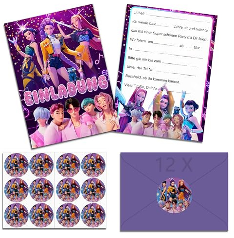 OSOFREE 12x Huntrs Einladungskarten Kindergeburtstag Mädchen mit Umschlag Deutsch, Geburtstagseinladungen Mädchen, Cartoon Einladungskarten Geburtstag Set für Themed Party (A6)
