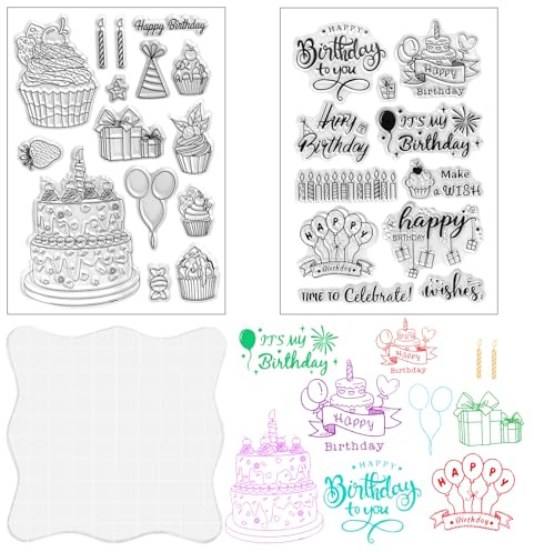 2 timbri in silicone per compleanno con blocco acrilico per timbri in silicone, parole e motivi, trasparenti per invito, scrapbooking, album fotografici, fai da te