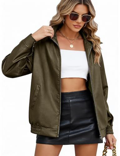 CMTOP Chaqueta Cuero Mujer Chaqueta Mujer PU Piel Sintético, Moda Y2K Chaquetas Biker Cazadora Cuero, Leather Jacket con Bolsillos para Primavera Otoño(verde oliva,XL)