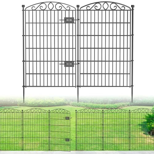 No Dig Decorative Garden Fence with Gate 91.4cm H x 7.4m L for Dogs | 12 Panel Rustproof welded metal with deep stakes for outdoor yards and patios. Arched modular design contains rabbits
