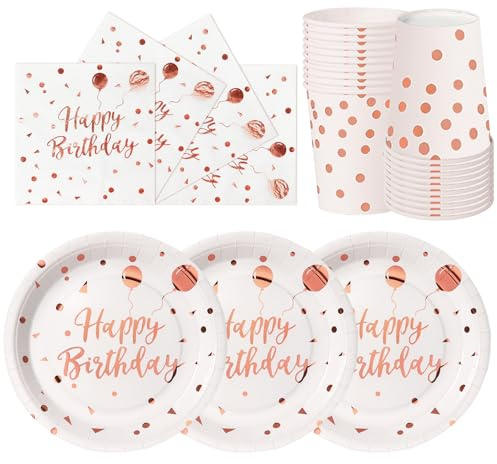 hailstones Oro Blanco Rosado 72 Piezas de Vajilla de Papel para Cumpleaños Infantiles: Platos, Vasos, Servilletas - 24 Invitados