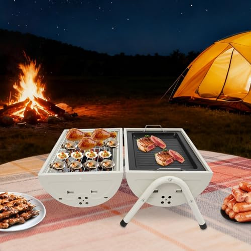 Tabletop Charcoal BBQ Grill, Portable Grill with Double-Sided Grilling Nets Frying Pan, Smoke Exhaust Chimney, for Outdoor Camping, Picnics, Backyard, Patio Meals