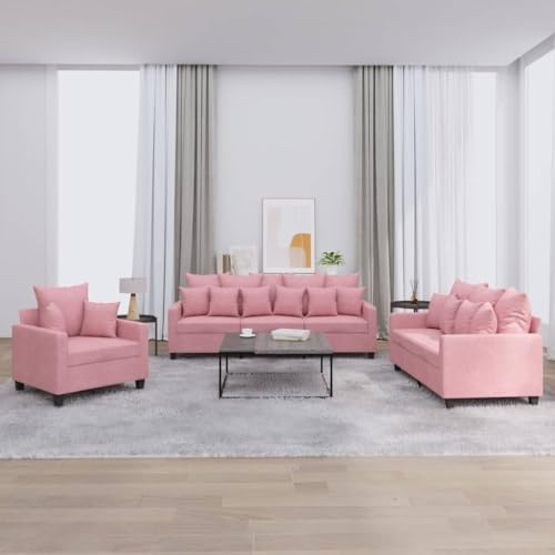 Bucmath 3-TLG. Sofagarnitur Rosa Samt, Wohnzimmer Möbel Set mit Kissen, Robustes Gestell für Komfort & Entspannung, 1 Sessel, 1 Zweisitzer, 1 Dreisitzer