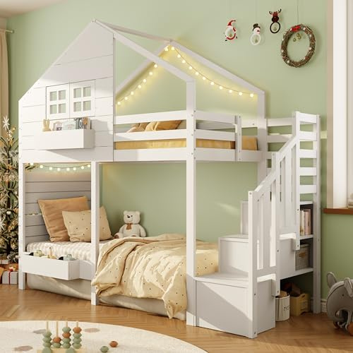 Merax Hochbett 90x200 cm, mit Rausfallschutz und Stauraumtreppe, Jugendbett mit Hausdesign und Fenster, platzsparendes Etagenbett für Kinderzimmer, Weiß (ohne Matratze)