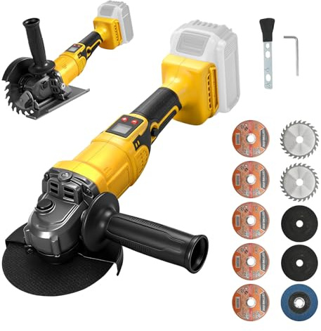 Smerigliatrice Angolare 125 mm Compatibile con Dewalt 20V a Batteria, Smerigliatrice Angolare Motore Senza Spazzole e sega circolare 9000 giri/min, con impugnatura aggiuntiva, Dischi (senza batteria)