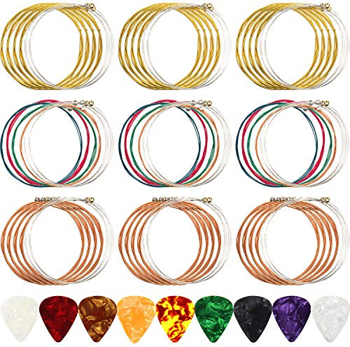 9 Sets of 6 Acoustic Guitar Strings Replacement Steel Guitar Strings (Gold, Brass, Multicolor) with 9 Pieces Celluloid Guitar Picks 3 Sizes for Electric Acoustic Guitar Beginners